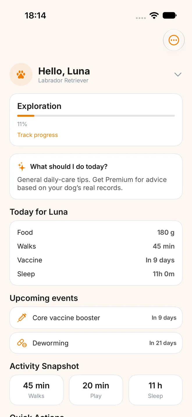 PetPulse Dashboard with Luna’s daily routine and upcoming care